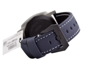 Back view of the Luminor 1950 44 3 Days Automatic 'Volcano Blu – Fibratech' composite case watch with a textured navy strap.
