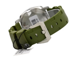 Luminor Submersible 42 watch with Verde Militare green rubber strap, brushed stainless steel case, and visible buckle detail.