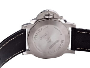 Back view of the Luminor 1950 44 3 Days Automatic showing brushed stainless steel case, engraving details, and black strap.