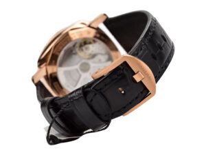 Luminor Submersible 42 in Goldtech red gold case, backside view showing black leather strap and exposed automatic movement.