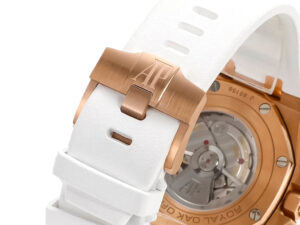 Close-up of the Royal Oak Offshore Chronograph Pink Gold (44mm) back, showcasing white strap and rose gold clasp mechanism.