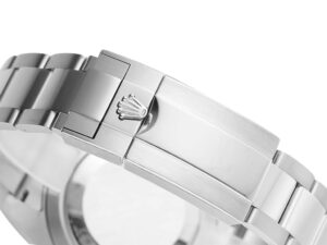 Close-up of the clasp on the GMT-Master II Stainless Steel ‘Pepsi’ Oyster bracelet, showcasing the crown logo.