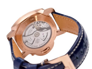 Back view of Luminor 1950 44 3 Days Automatic Goldtech watch showing its transparent case back and internal movement.