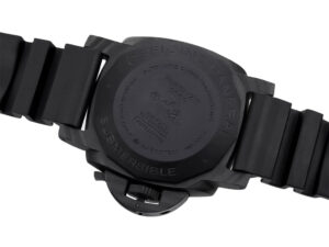 Back view of the Luminor Submersible 47 3 Days Automatic with Carbotech forged carbon case and black bracelet.