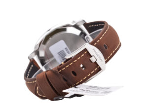 Back view of Luminor Due 42 Automatic watch with stainless steel case, brown leather strap, and visible buckle.