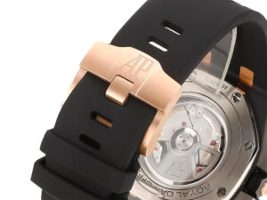 Back view of the Royal Oak Offshore Chronograph Gims Ceramic watch with black strap and rose gold clasp with visible movement.