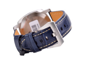 Back view of the Luminor 1950 Marina 3 Days Automatic with stainless steel case, blue sunburst dial, and blue strap.