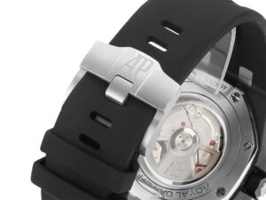 Close-up of the Royal Oak Offshore Chronograph Stainless Steel black strap and transparent case back showing its mechanism.