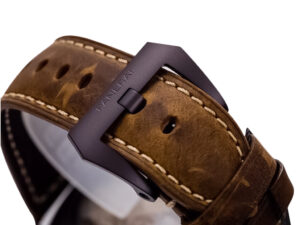 Close-up of the brown leather strap and black buckle of the Radiomir Composite Black Seal 3 Days Automatic (45mm).