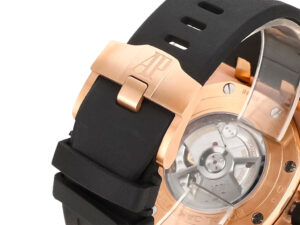 Close-up of the Royal Oak ‘Offshore Chronograph’ 44mm, pink gold clasp and transparent case back with visible movement.