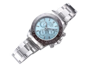 Cosmograph Daytona Platinum watch featuring an ice blue diamond-set dial, a sleek platinum bracelet, and a ceramic bezel.