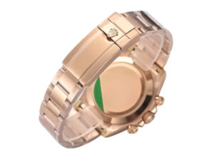 Back view of the Cosmograph Daytona Rose Gold watch featuring an Oyster bracelet and iconic crown clasp detail.
