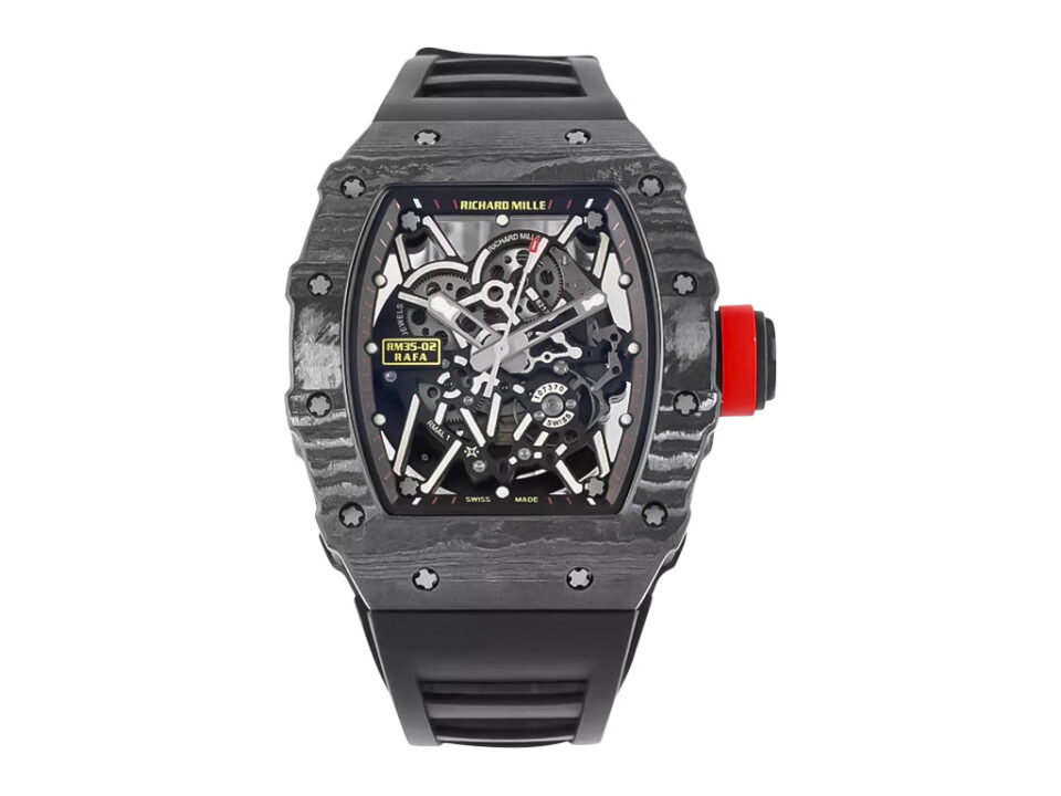 RM 35-02 Rafa watch with black bezel, red markers, skeleton dial, and black rubber strap (49mm) on a white background.