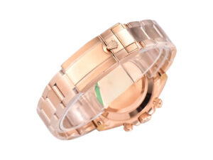 Back view of the Cosmograph Daytona Rose Gold watch, showcasing the rose gold bracelet and clasp with a polished finish.