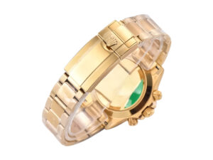 Cosmograph Daytona Yellow Gold watch back view showcasing the polished gold bracelet and detailed clasp mechanism.
