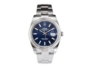 Datejust 41 Stainless Steel watch with blue dial, fluted bezel, and Oyster bracelet displayed on a white background.