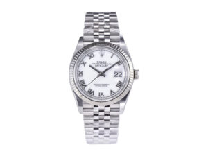 Datejust 36 Stainless Steel on Jubilee bracelet, white dial with Roman numerals, fluted bezel, displaying date at 3 o'clock.