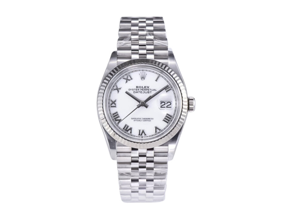Datejust 36 Stainless Steel on Jubilee bracelet, white dial with Roman numerals, fluted bezel, displaying date at 3 o'clock.