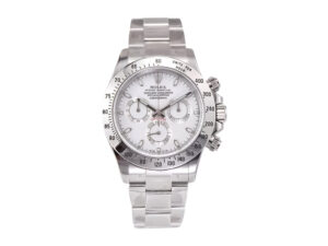 Cosmograph Daytona stainless steel watch with a white dial, silver-tone bezel, chronograph sub-dials, on the product page.
