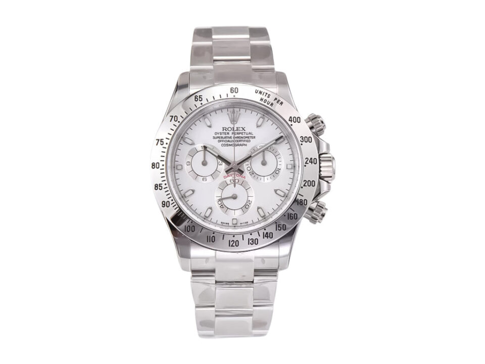 Cosmograph Daytona stainless steel watch with a white dial, silver-tone bezel, chronograph sub-dials, on the product page.