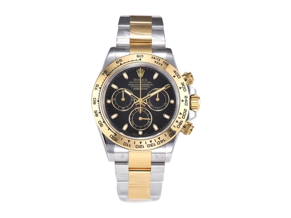 Cosmograph Daytona two-tone yellow gold and steel watch with black dial featuring three subdials and an elegant design.