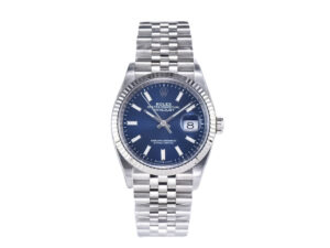 Datejust 36 Stainless Steel watch with blue dial, fluted bezel, and Jubilee bracelet displayed on a white background.