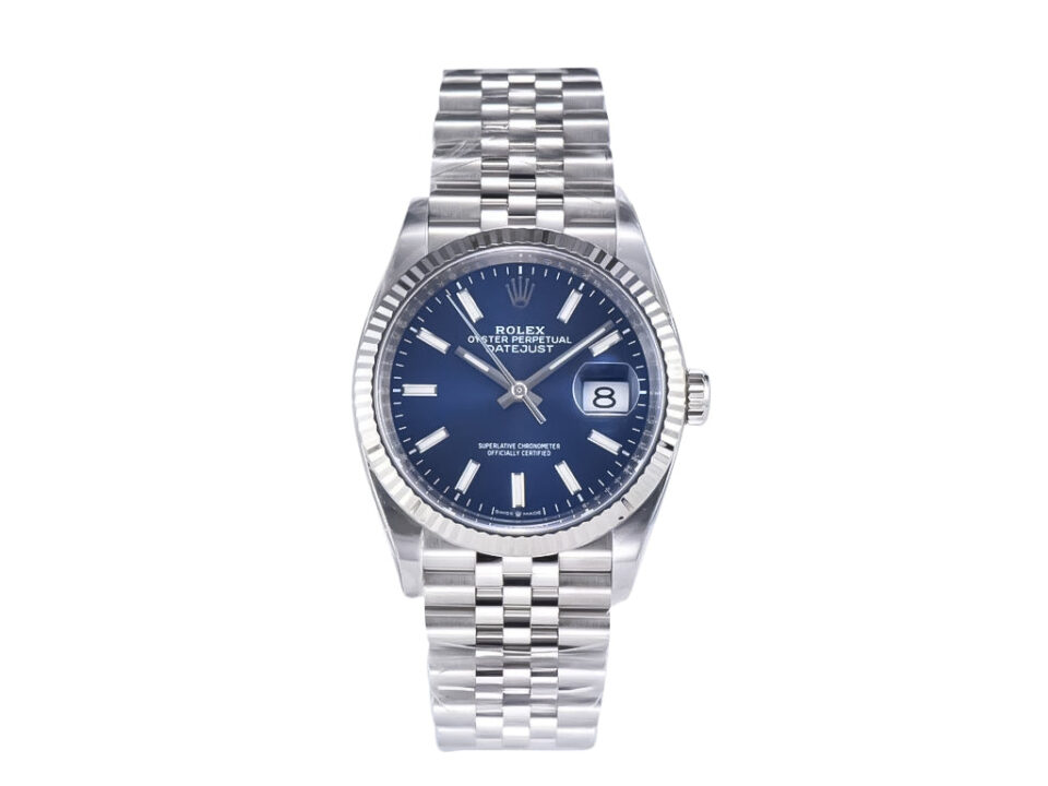 Datejust 36 Stainless Steel watch with blue dial, fluted bezel, and Jubilee bracelet displayed on a white background.
