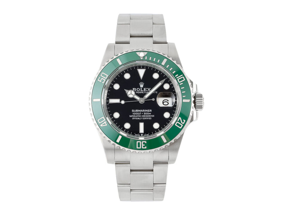 Submariner Date Stainless Steel 'Starbucks' watch (41mm) featuring a green bezel, black dial, and Oyster bracelet.