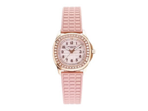 Aquanaut Luce Haute Joaillerie Rose Gold Diamond Pink watch with diamond bezel and textured pastel pink strap.