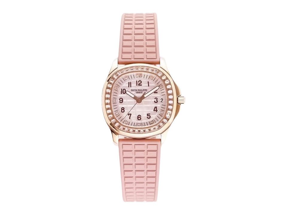Aquanaut Luce Haute Joaillerie Rose Gold Diamond Pink watch with diamond bezel and textured pastel pink strap.