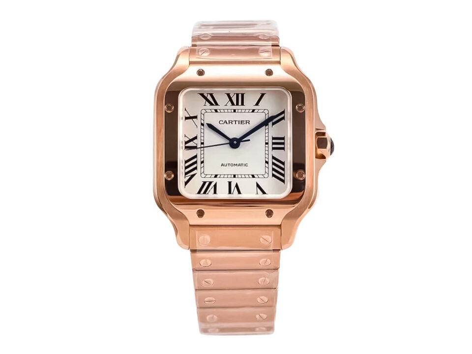 Santos Medium Rose Gold with White Dial (35mm) watch featuring Roman numerals, a square face, and a rose gold bracelet.
