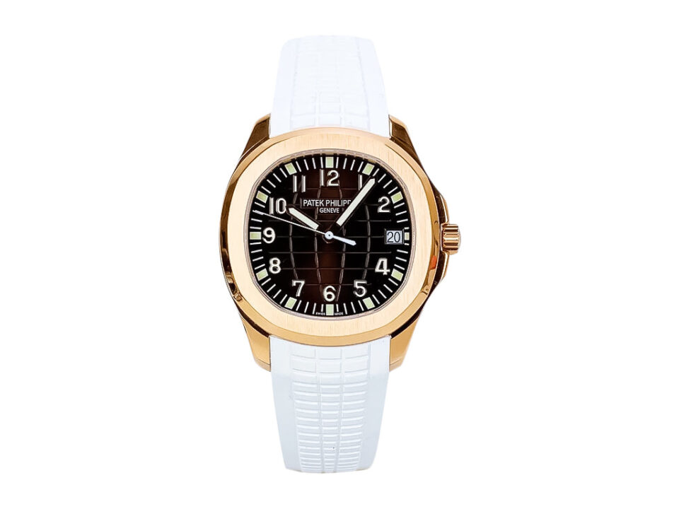 Aquanaut Rose Gold watch with a chocolate dial and white strap, 40mm case size, displayed on a product page.