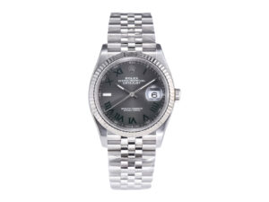 Datejust 36 Stainless Steel ‘Wimbledon’ on Jubilee bracelet with fluted bezel and dark dial featuring green Roman numerals.