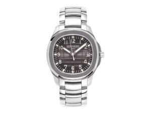 Aquanaut Date Stainless Steel watch with 40mm case, rhodium dial, bold hour markers, and silver bracelet displayed.