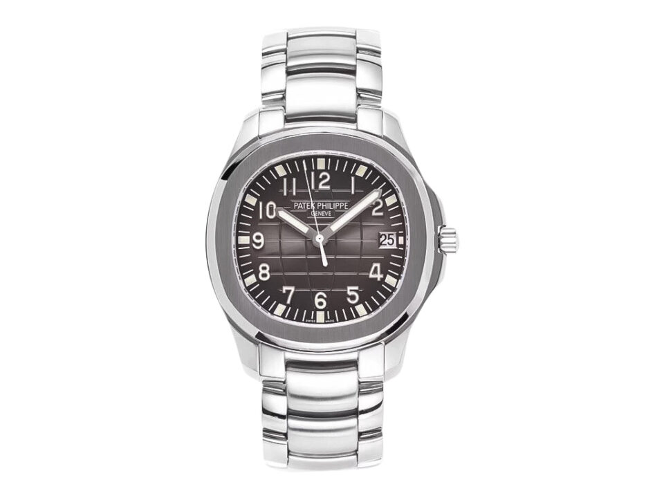 Aquanaut Date Stainless Steel watch with 40mm case, rhodium dial, bold hour markers, and silver bracelet displayed.