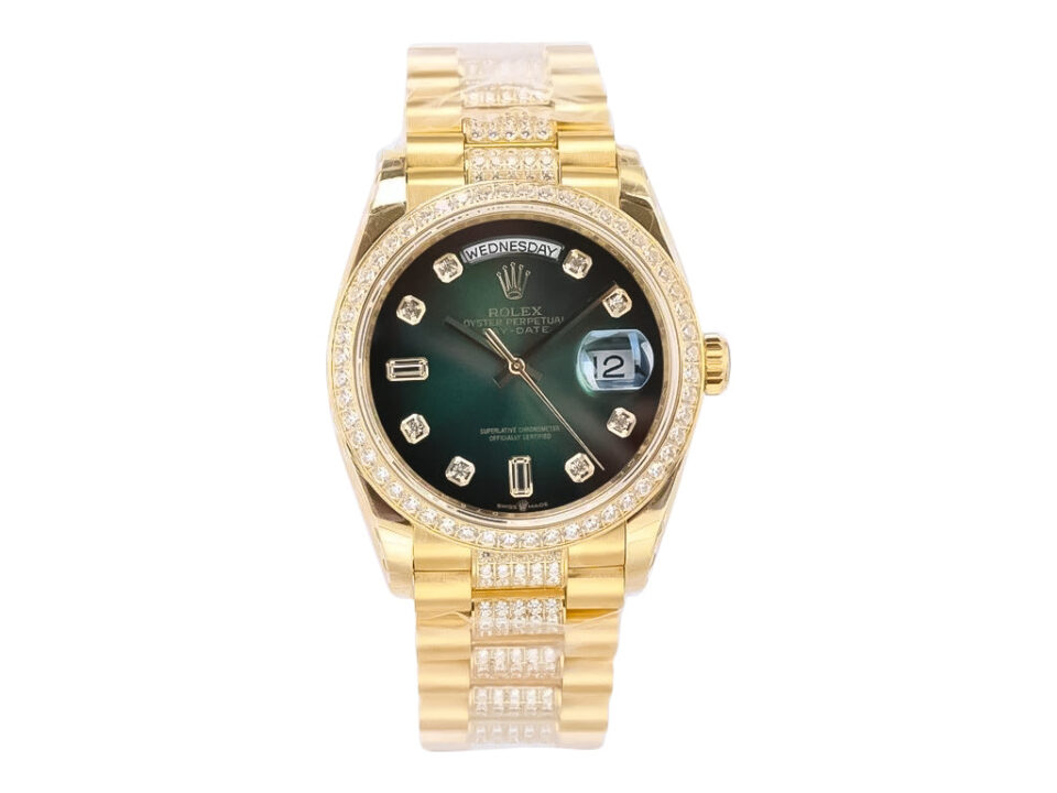 Day-Date 36 Yellow Gold 'President' watch with Diamond Green Ombre Dial, diamond bezel, gold bracelet adorned with diamonds.