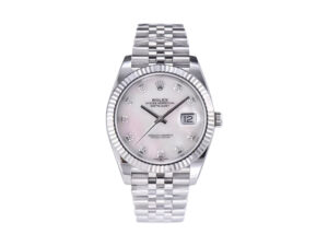 Datejust 41 Stainless Steel watch with Jubilee bracelet, diamond Mother of Pearl dial, and fluted bezel displayed front view.