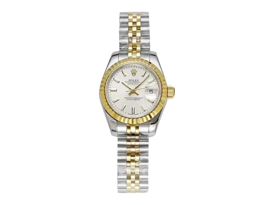 Lady-Datejust 28 Two Tone Yellow Gold on Jubilee bracelet with Silver Dial and Fluted Bezel, displayed front-facing.