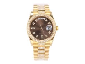 Day-Date 36 yellow gold 'President' watch with diamond chocolate dial, diamond bezel, and matching gold bracelet.