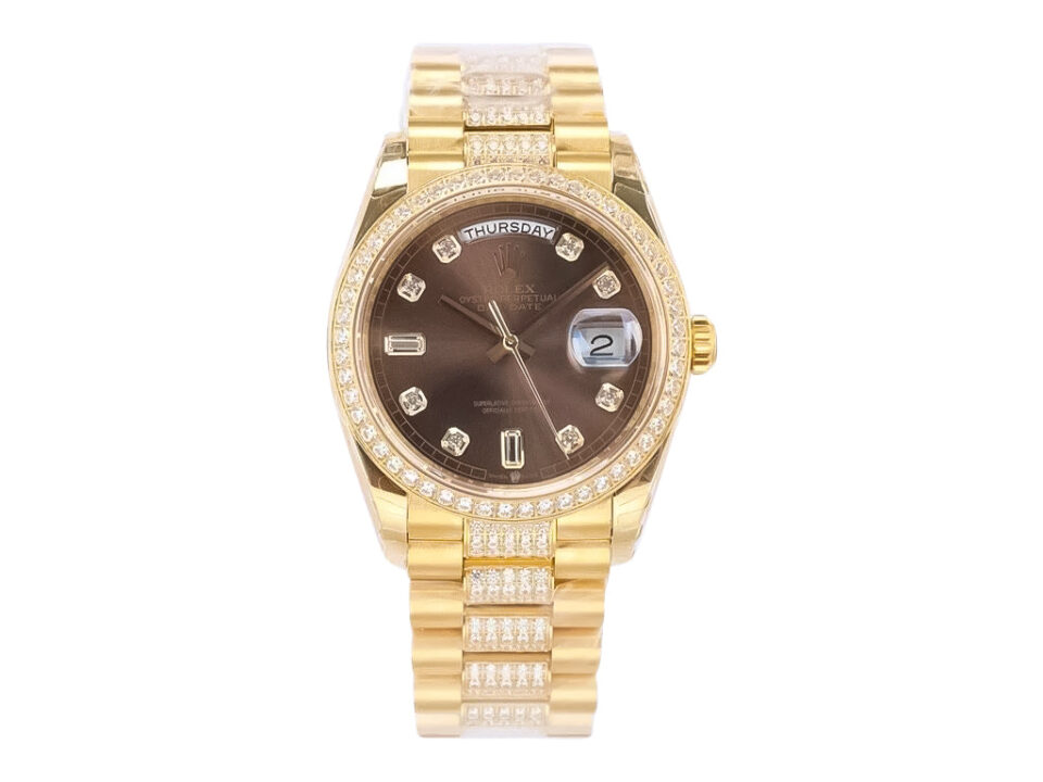 Day-Date 36 yellow gold 'President' watch with diamond chocolate dial, diamond bezel, and matching gold bracelet.