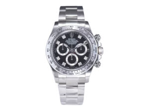 Cosmograph Daytona Stainless Steel watch with Diamond Black Dial, silver bezel, polished metal bracelet displayed upright.