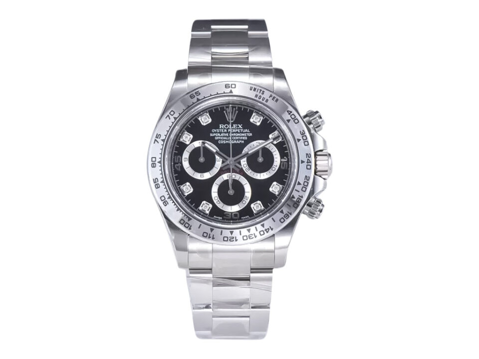 Cosmograph Daytona Stainless Steel watch with Diamond Black Dial, silver bezel, polished metal bracelet displayed upright.
