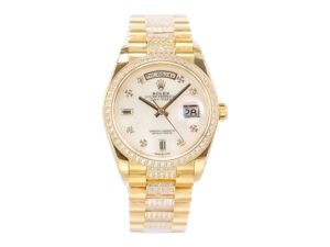 Day-Date 36 Yellow Gold 'President' watch with Diamond Mother of Pearl Dial, Diamond Bezel, and gold bracelet.