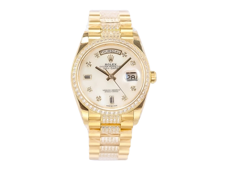 Day-Date 36 Yellow Gold 'President' watch with Diamond Mother of Pearl Dial, Diamond Bezel, and gold bracelet.