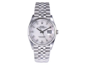 Datejust 36 Stainless Steel on Jubilee with Diamond Mother of Pearl Dial and Fluted Bezel, showcasing timeless elegance.