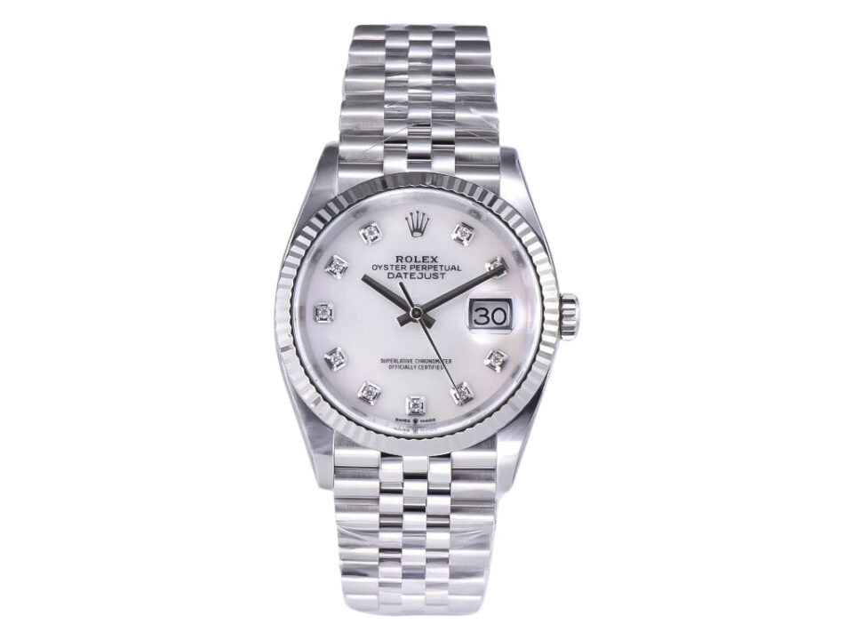 Datejust 36 Stainless Steel on Jubilee with Diamond Mother of Pearl Dial and Fluted Bezel, showcasing timeless elegance.
