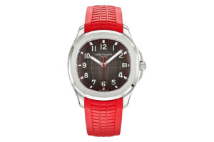 Aquanaut Stainless Steel 'Singapore' watch with black dial, 40mm case, and red rubber strap displayed on a white background.