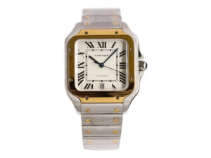 Santos Large Two Tone Yellow Gold with White Dial (40mm) featuring Roman numerals and a stainless steel and gold bracelet.