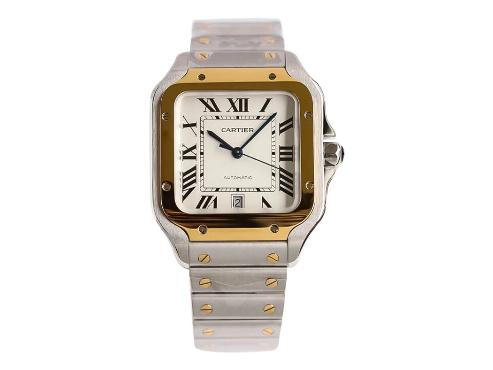 Santos Large Two Tone Yellow Gold with White Dial (40mm) featuring Roman numerals and a stainless steel and gold bracelet.