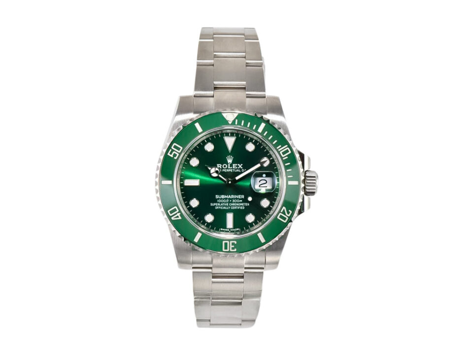 Submariner Date Stainless Steel 'Hulk' (40mm) with green dial, unidirectional bezel, Oyster bracelet, displayed front-facing.